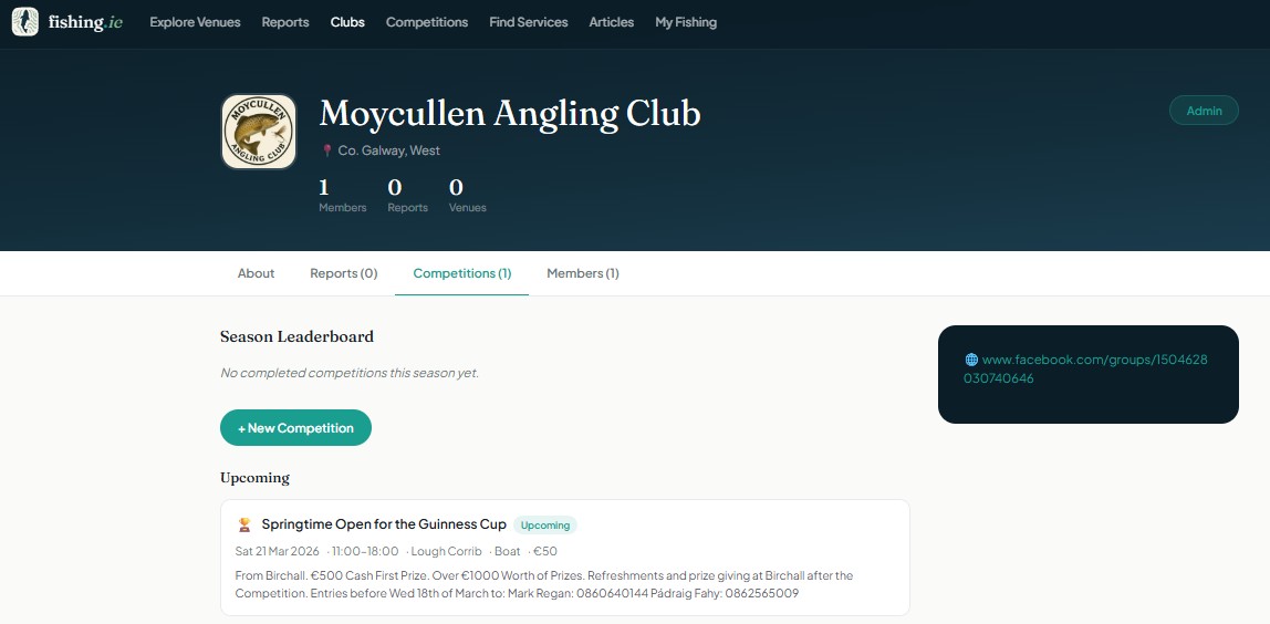 A club profile on fishing.ie showing the Competitions tab with season leaderboard and upcoming competition