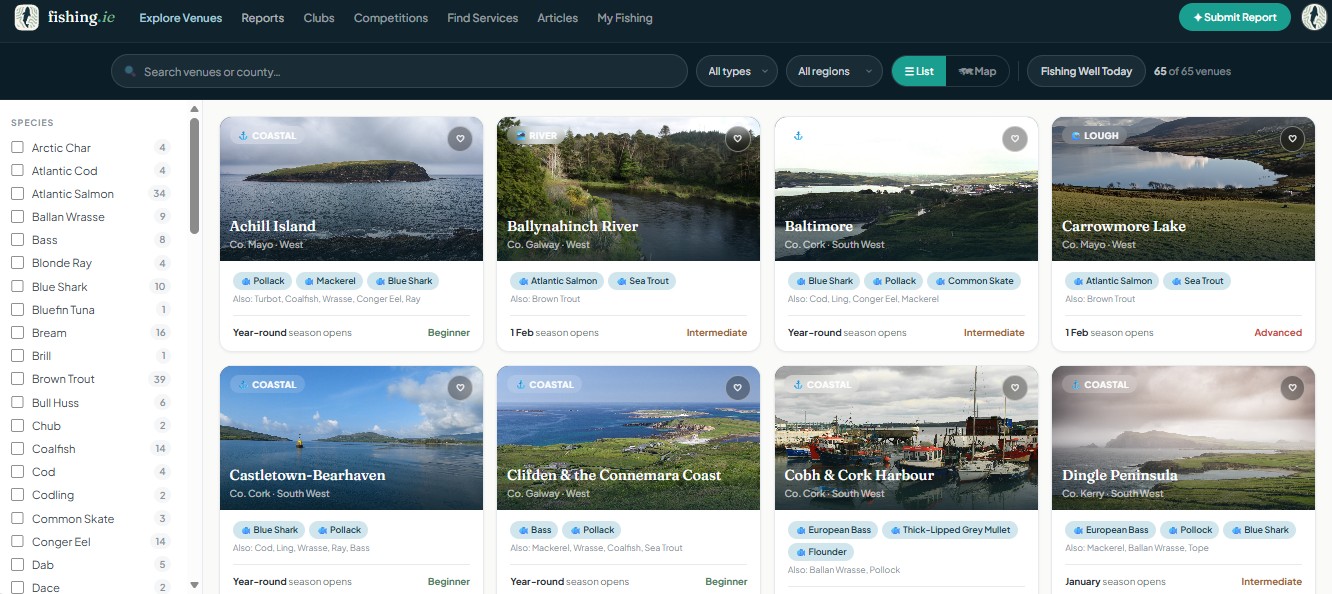 The Explore Venues page on fishing.ie showing venue cards with species badges, season dates, and difficulty ratings
