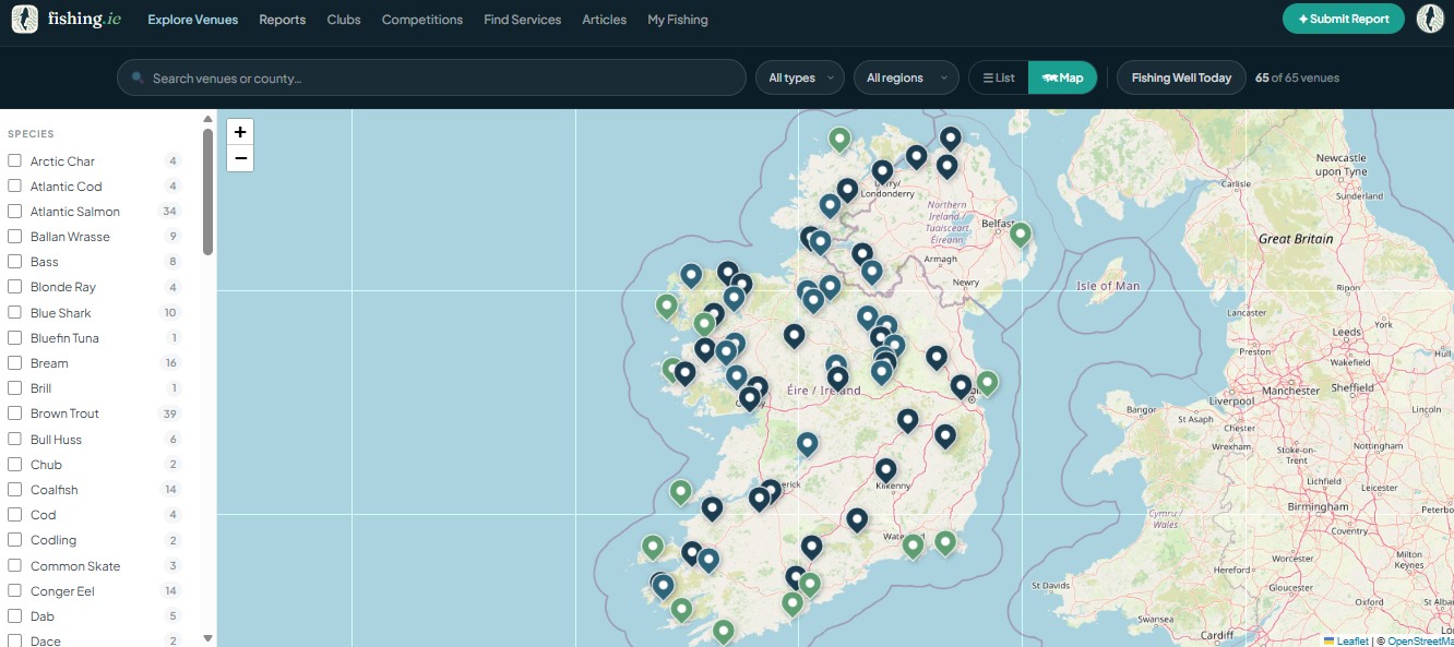 The interactive map view on fishing.ie showing colour-coded venue markers across Ireland
