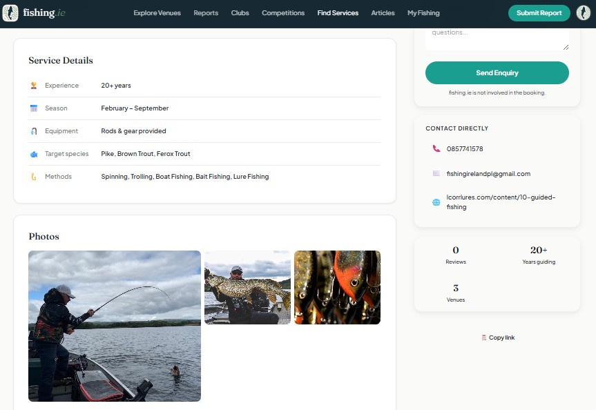A service provider profile on fishing.ie showing photo gallery, contact details, and stats